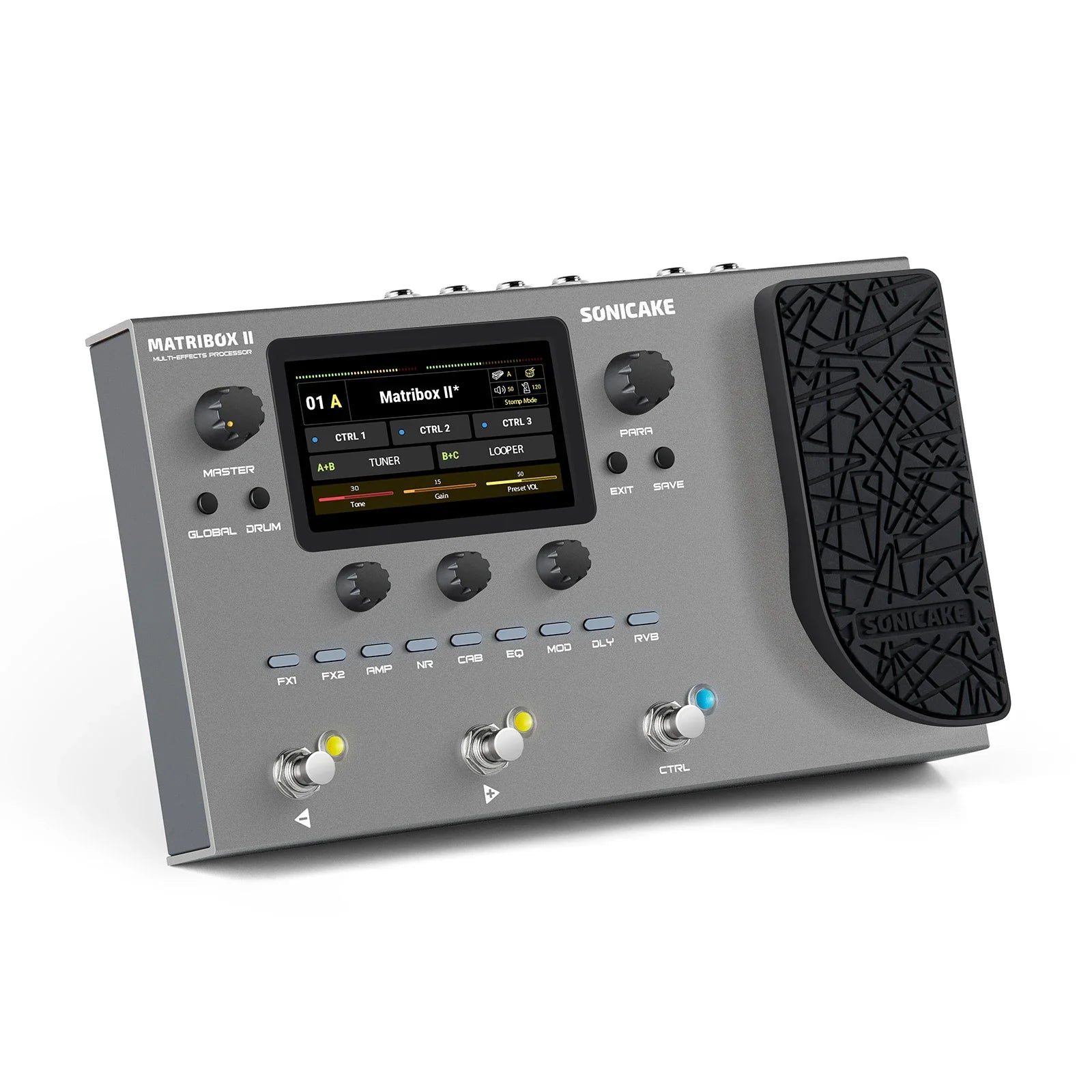 Gray sonicake matribox ii guitar bass amp modeling multi-effects processor with black pedal fx loop and illuminated knobs