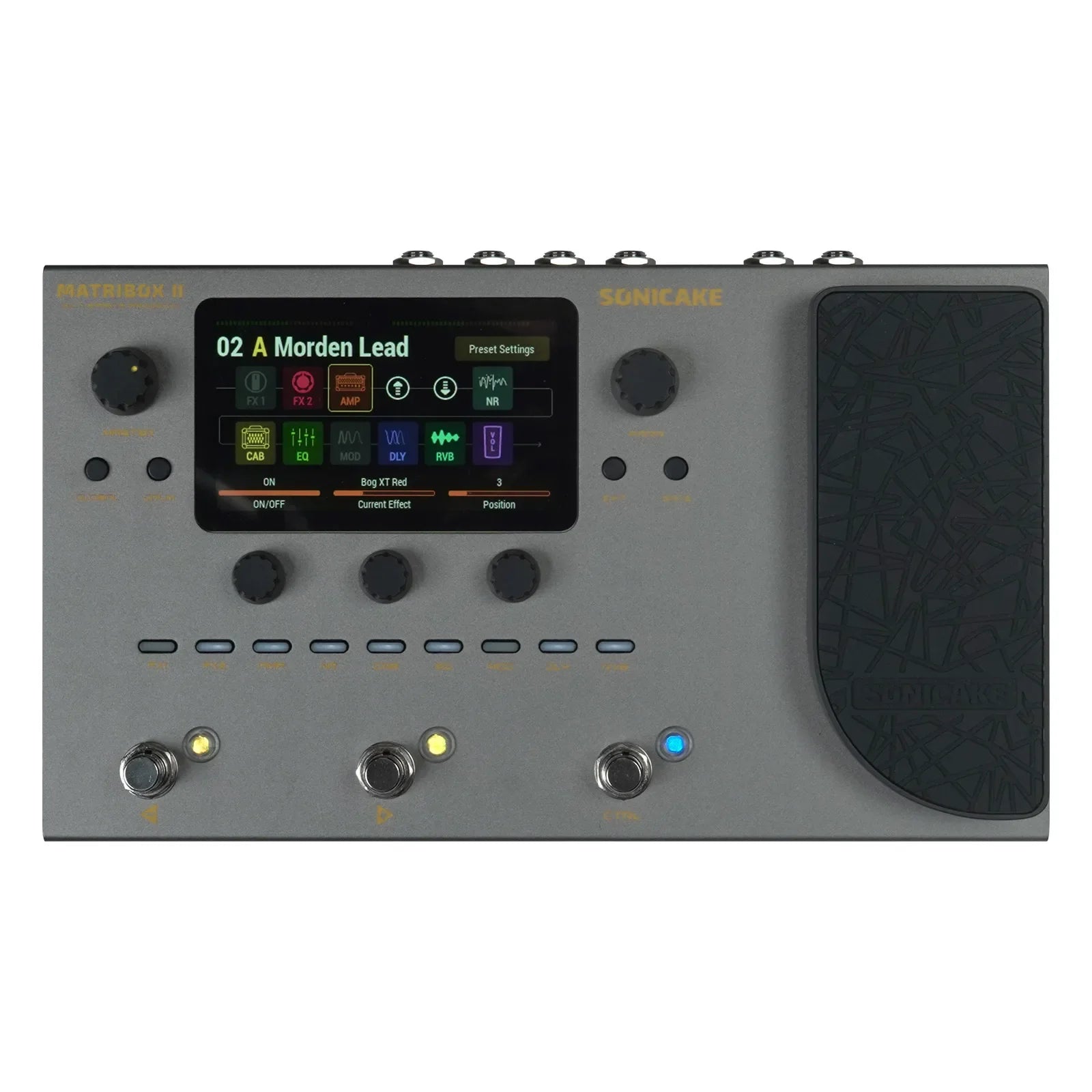 Sonickage s2 gray metallic matribox ii guitar bass amp modeling processor with black pedal fx loop and footswitches