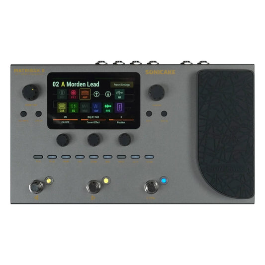 Sonickage s2 gray metallic matribox ii guitar bass amp modeling processor with black pedal fx loop and footswitches