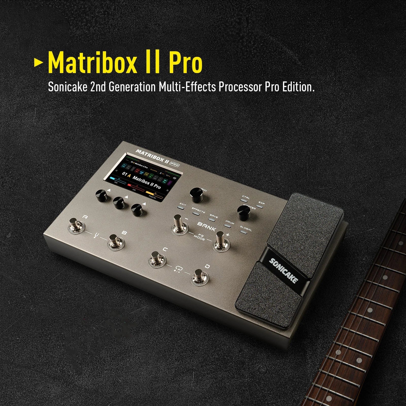 Silver-colored matribox ii pro multi-effects processor with textured foot pedal and usb audio digital modeling technology
