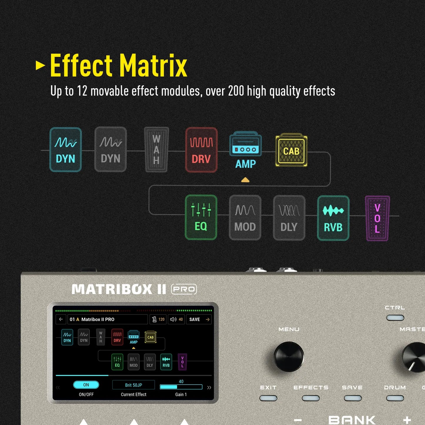 Silver-colored sonicake matribox ii pro audio effects processor with 4.3 inch touch screen expression pedal bass amp modeling pedal fx loop