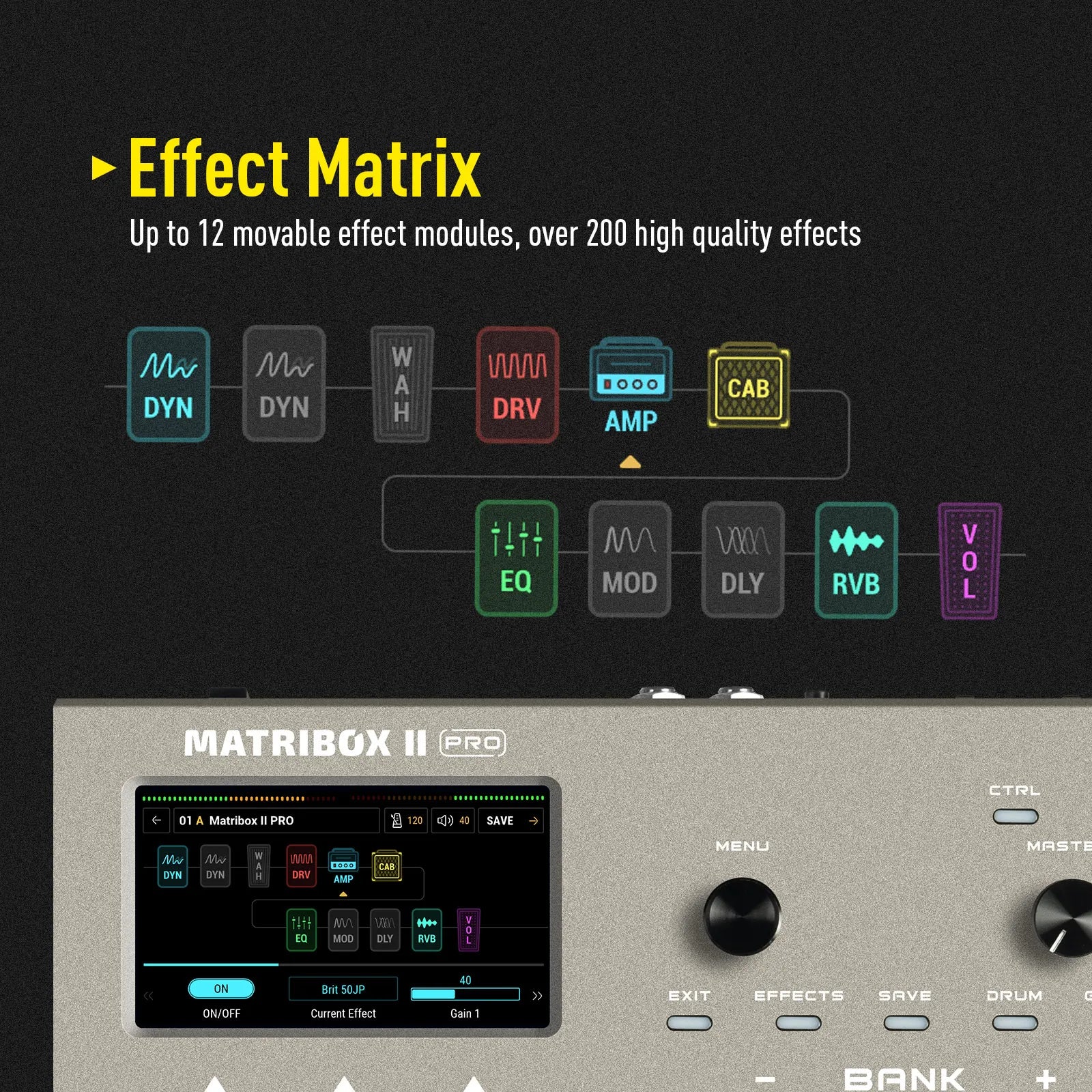Silver-colored sonicake matribox ii pro audio effects processor with 4.3 inch touch screen expression pedal bass amp modeling pedal fx loop
