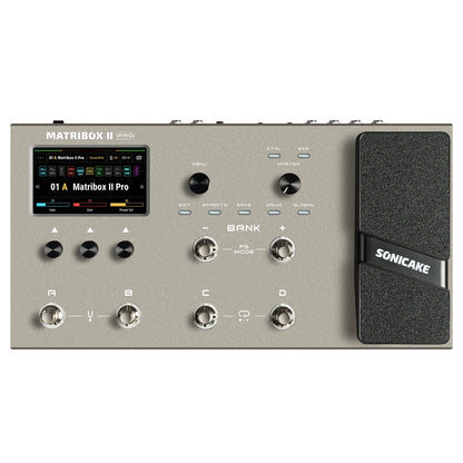 Silver colored matribox ii pro guitar effects pedal with black touchscreen display featuring usb audio and digital modeling technology