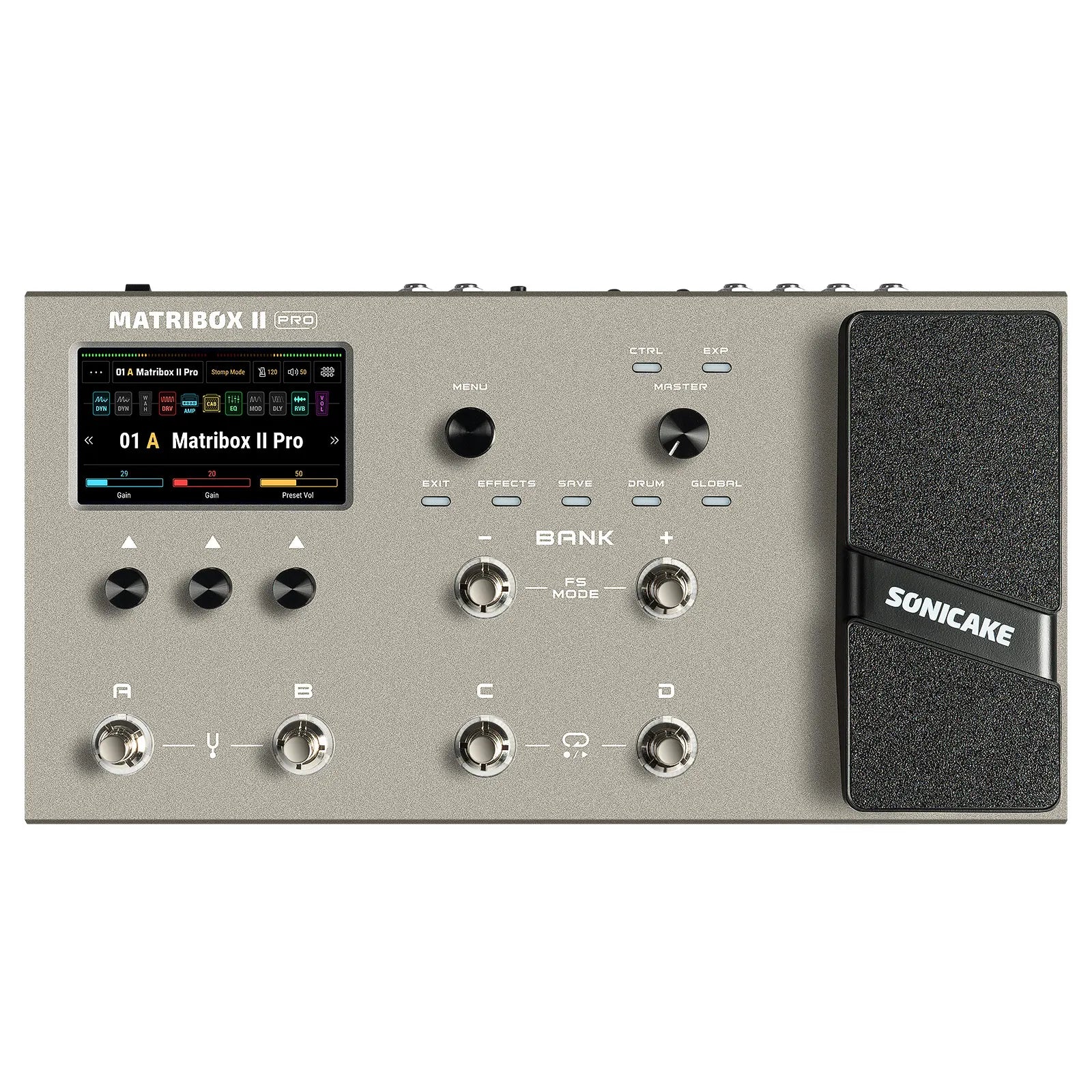 Silver sonicake matribox ii pro guitar effects pedal with 4.3 inch touchscreen display expression pedal and pedal fx loop