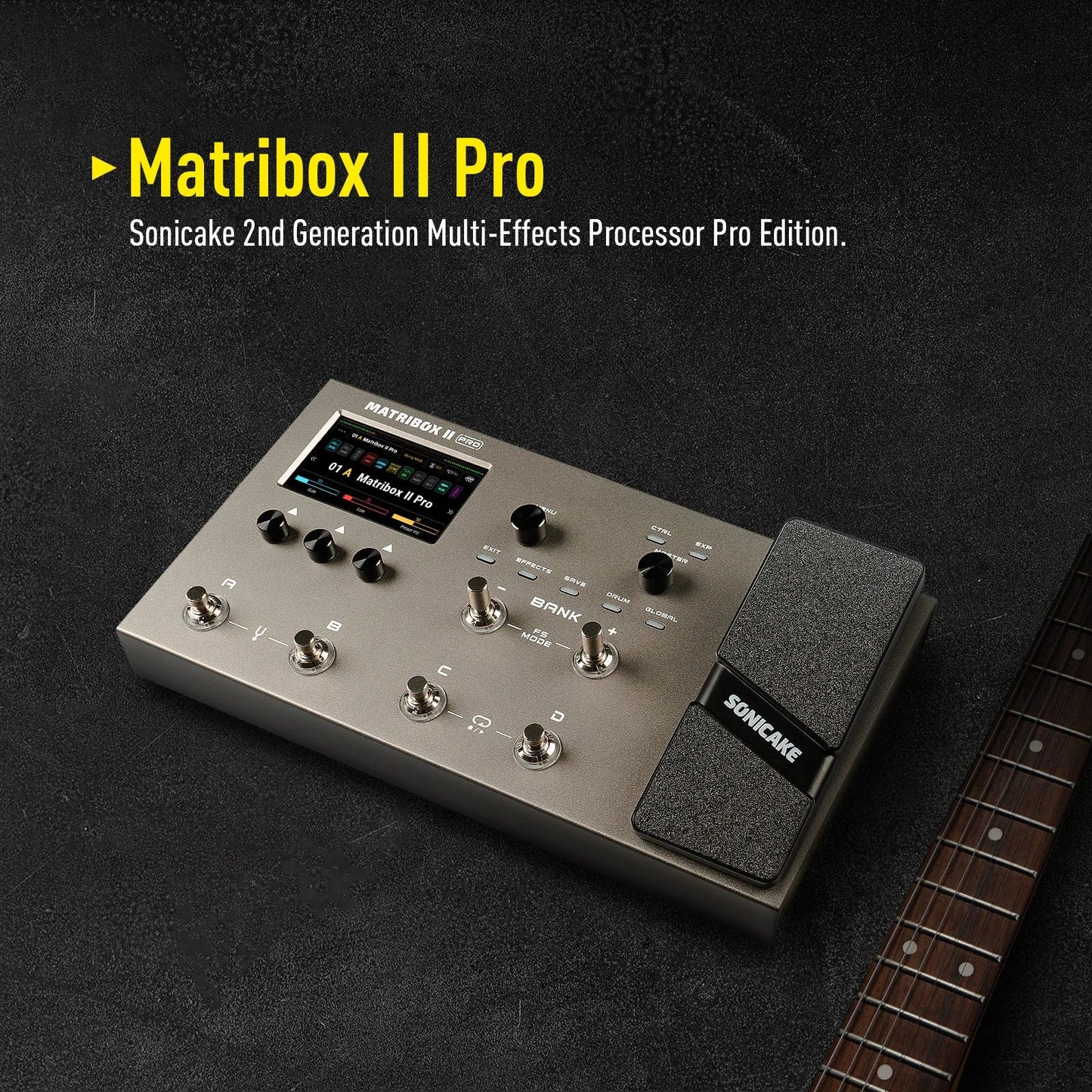 Silver matribox ii pro multi-effects processor with textured foot pedal and multiple knobs featuring digital modeling technology and usb audio