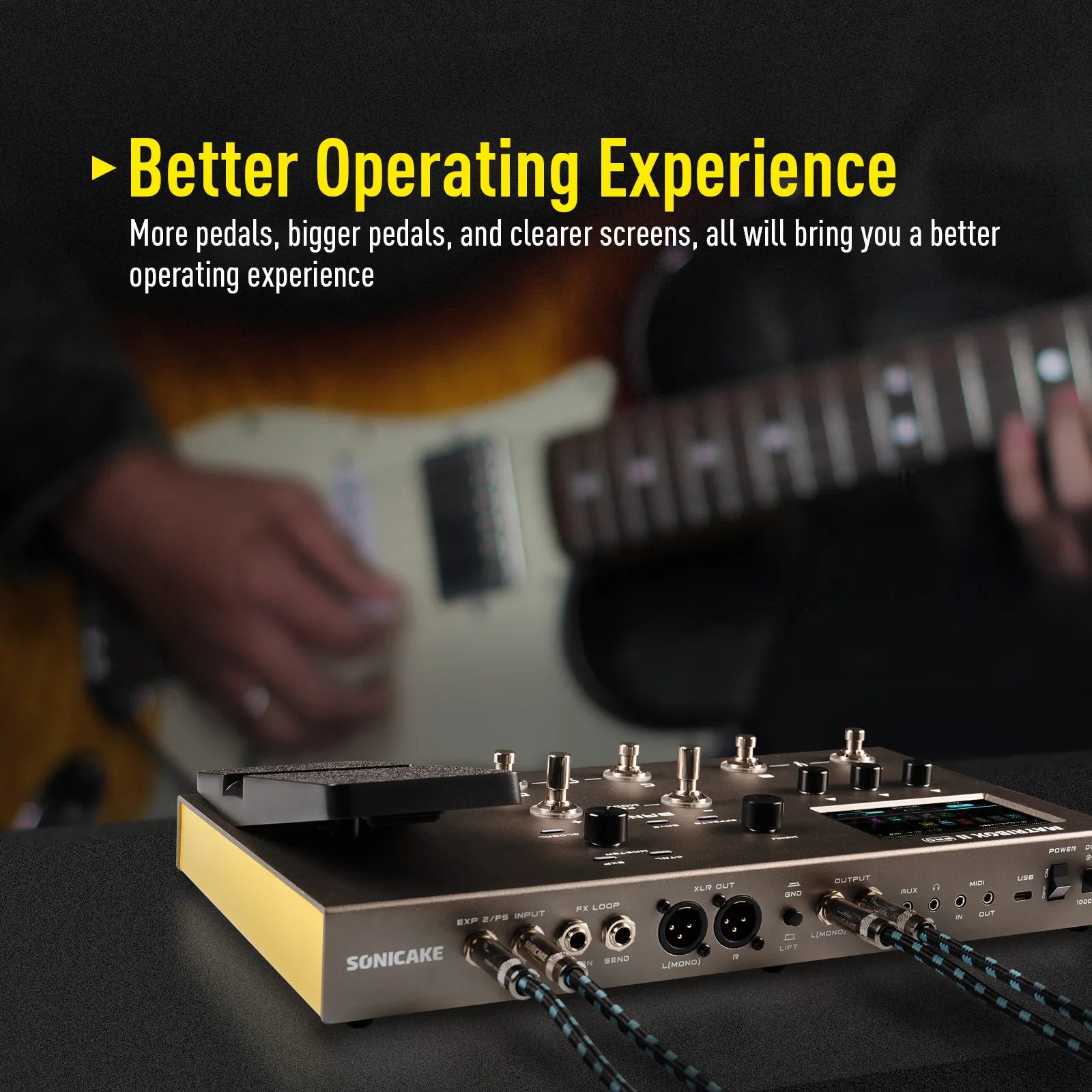 Sonicake Matribox II Pro pedalboard with metallic finish yellow side panel usb audio digital modeling technology