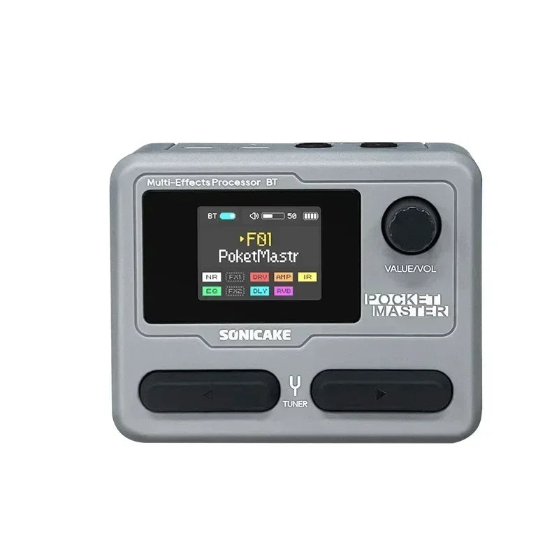 Gray soniccake pocket master modeling ir multi-effect guitar bass amplifier with black touchscreen and tactile knobs