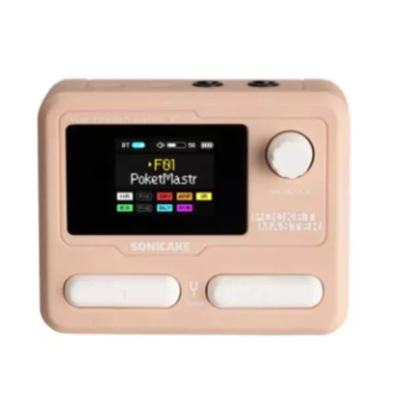 Blush pink plastic sonicake pocket master guitar bass amplifier with black touchscreen and modeling ir multi-effect features