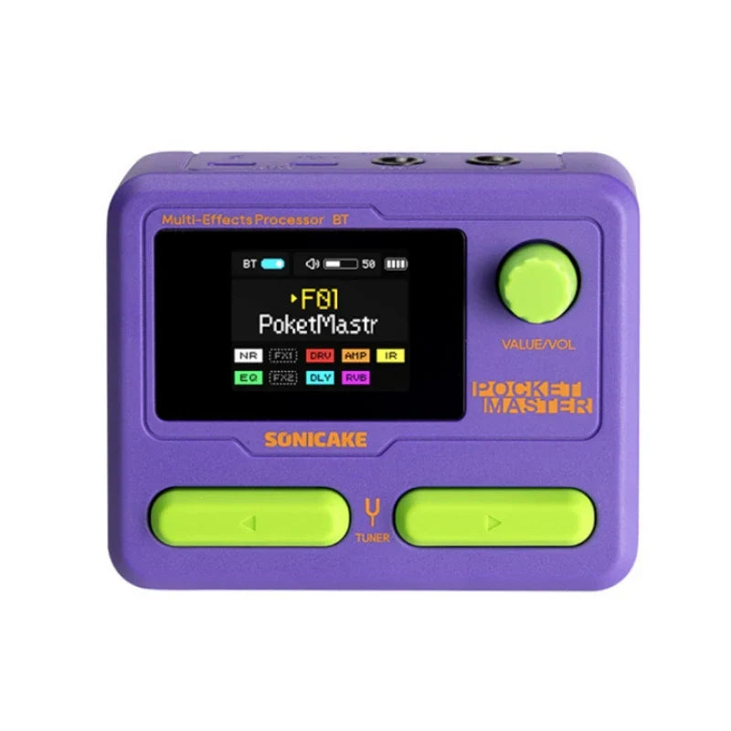 Purple and lime green sonicake pocket master modeling ir multi-effect guitar bass amplifier with 1.77 lcd screen and control buttons