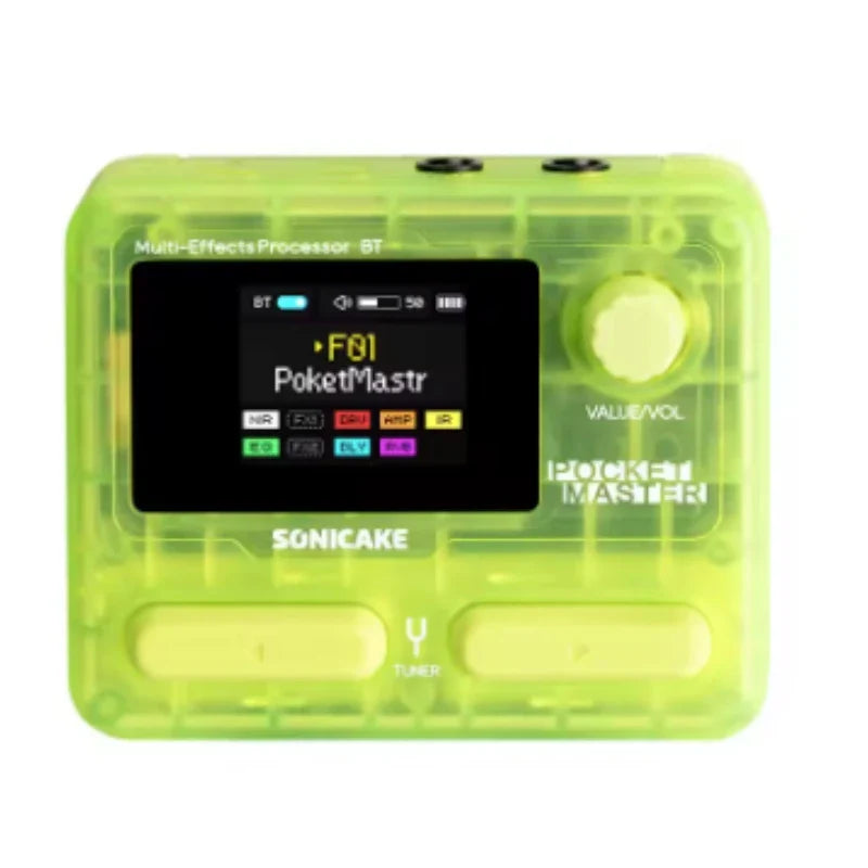 A translucent lime green sonicake pocket master modeling ir multi-effect guitar bass amplifier with a 1.77 lcd screen and yellow knobs