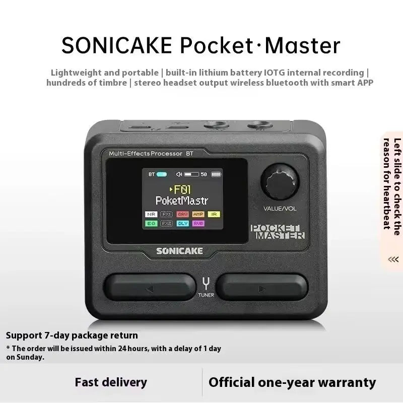 Black plastic sonicake pocket master modeling ir multi-effect guitar bass amplifier with 1.77 lcd screen and control knobs
