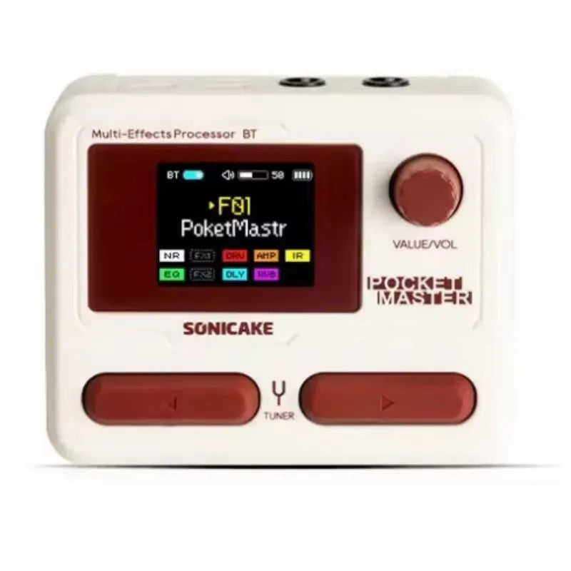 White rectangular sonicake pocket master modeling ir multi-effect guitar bass amplifier with red lcd screen and controls