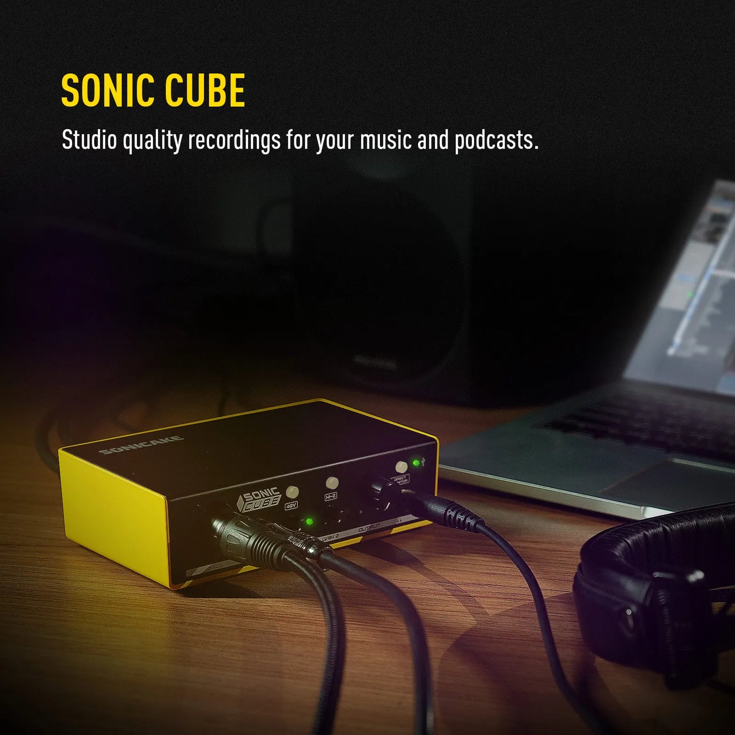 Black and yellow sonicake sonic cube audio interface with sleek compact cube design quality analog preamplifier for studio recording microphone