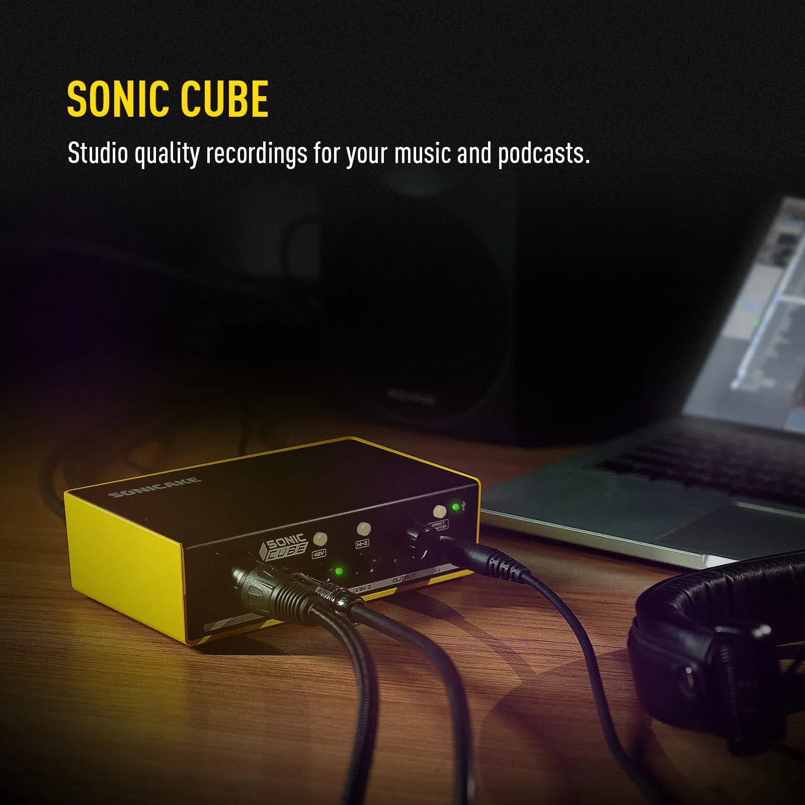 Black and yellow sonicake sonic cube audio interface with sleek compact cube design quality analog preamplifier for studio recording microphone