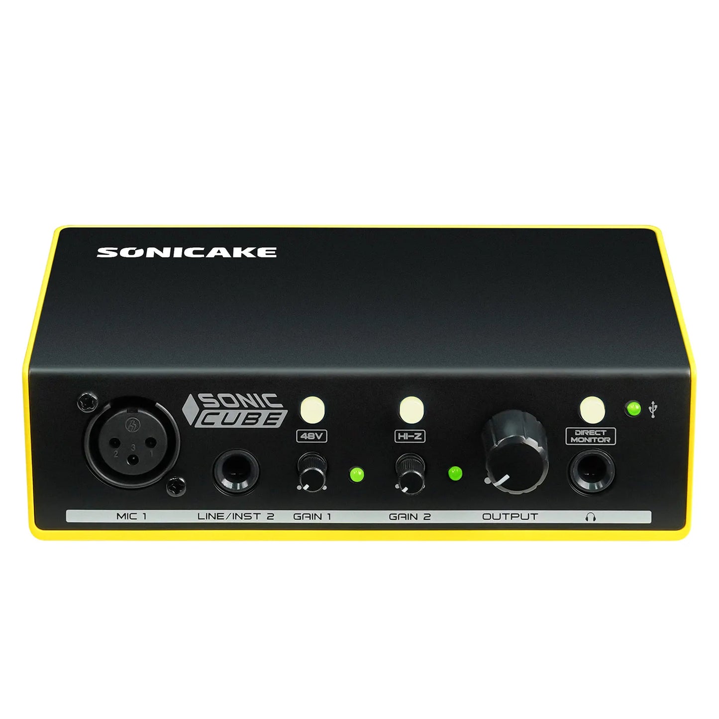 Black and yellow sonicake sonic cube audio interface with matte finish quality analog preamplifier for studio recording microphone