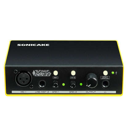 Black and yellow sonicake sonic cube audio interface with matte finish quality analog preamplifier for studio recording microphone