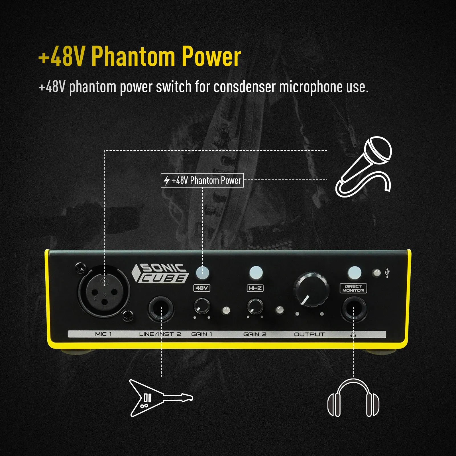 Black and yellow sonicake sonic cube audio interface with quality analog preamplifier and phantom power for studio recording microphone