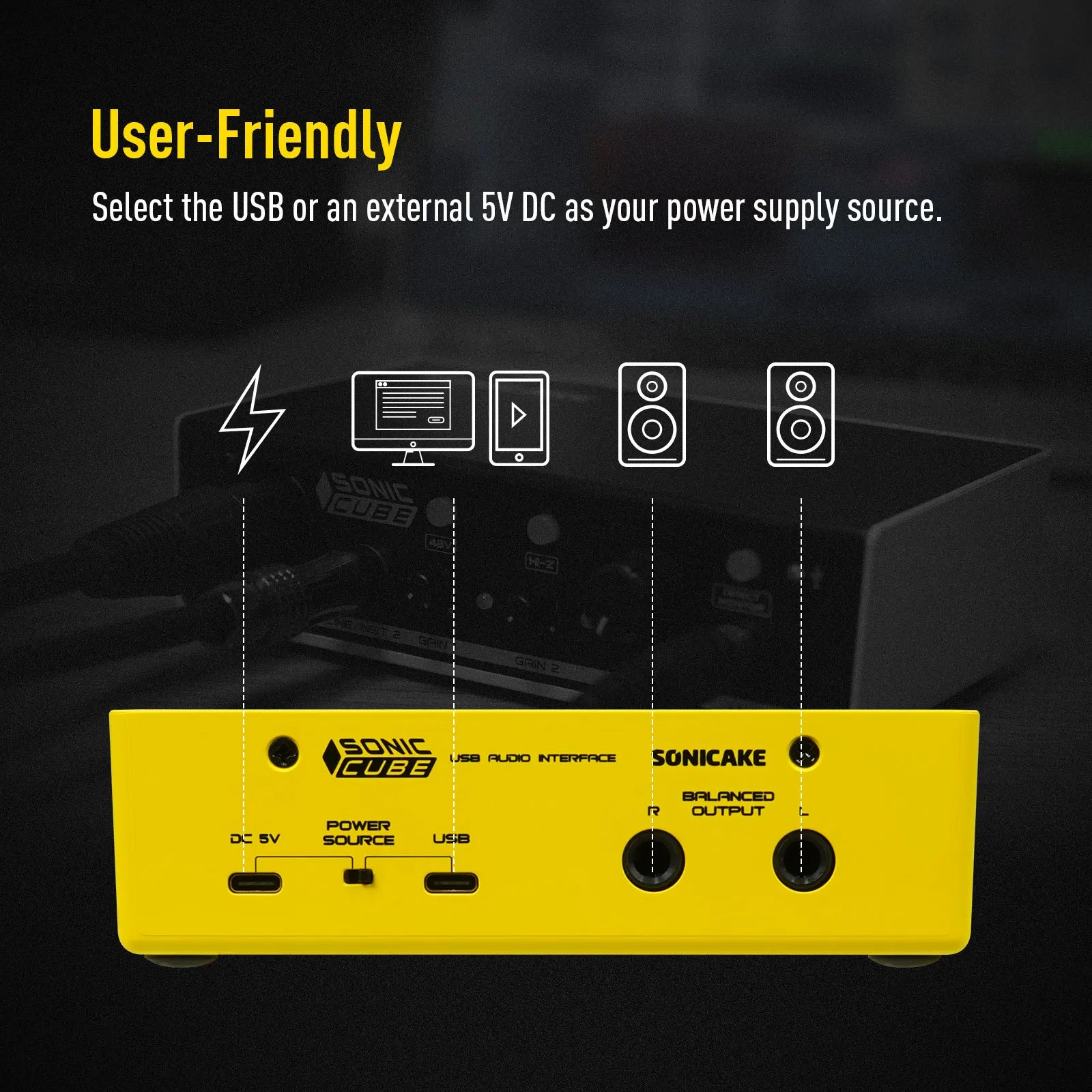 Bright yellow sonicake sonic cube usb audio interface showing labeled ports for power usb and balanced output for studio recording microphone quality analog preamplifier