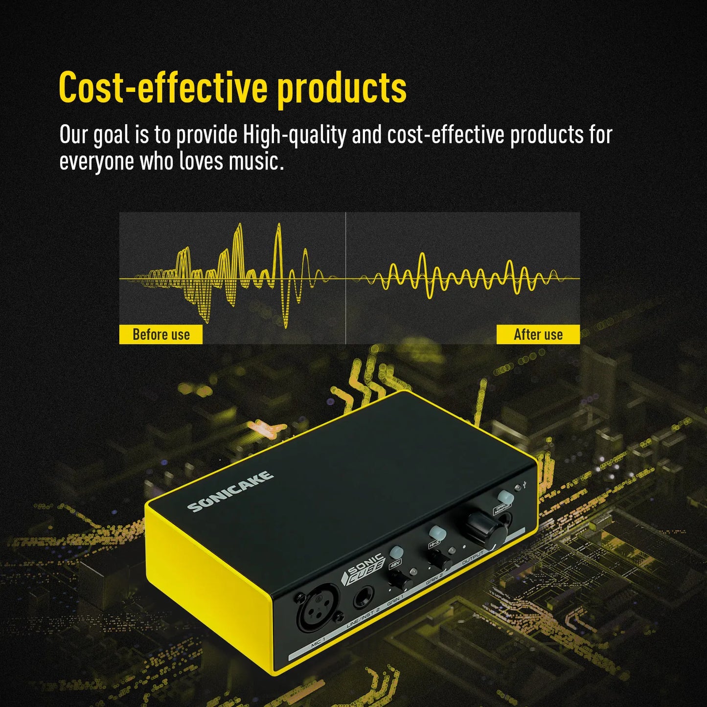 Black and yellow sonicake sonic cube audio interface with quality analog preamplifier for studio recording microphone use