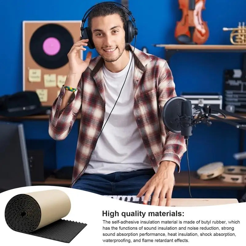 Black and beige self-adhesive sound insulation panels made of butyl rubber rolled for easy application in sound absorbing panel acoustic use