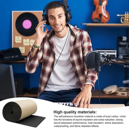 Black and beige self-adhesive sound insulation panels made of butyl rubber rolled for easy application in sound absorbing panel acoustic use
