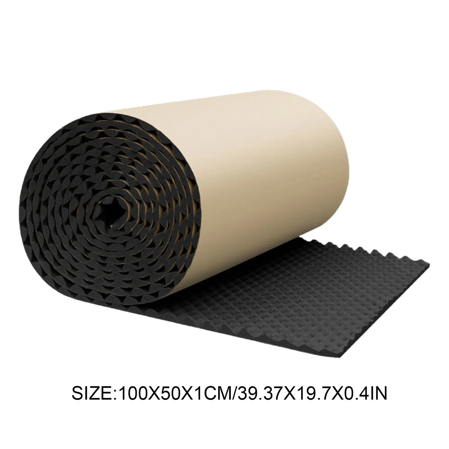 Black textured acoustic foam roll with beige backing showing sound insulation panels for car studio use