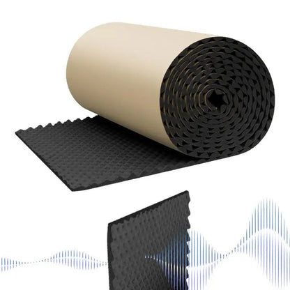 Black foam sound insulation panels with textured wave surface and beige adhesive acoustic barrier backing for car studio waterproof use