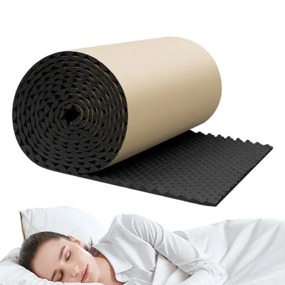 Black textured acoustic foam roll with beige backing showing self adhesive sound insulation panels for car studio use