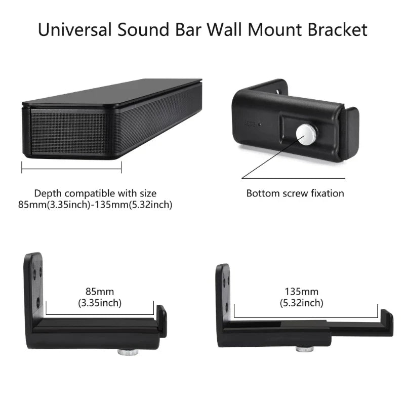 Black universal sound bar mount wall display shelf holder stand with adjustable depth for 85mm to 135mm speakers and bottom screw fixation