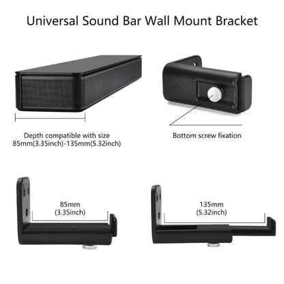 Black universal sound bar mount wall display shelf holder stand with adjustable depth for 85mm to 135mm speakers and bottom screw fixation