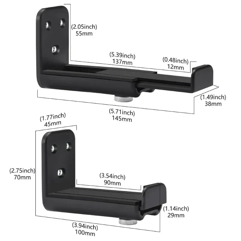 Black metal l-shaped sound bar mount wall display shelf holder stand universal with adjustable height and width
