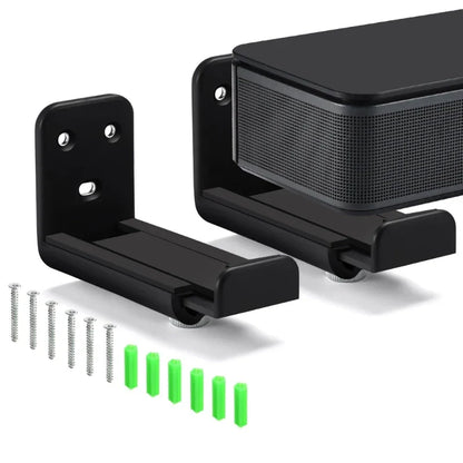 Black wall-mounted sound bar mount with adjustable arms screws and green spacers for universal wall display shelf holder stand