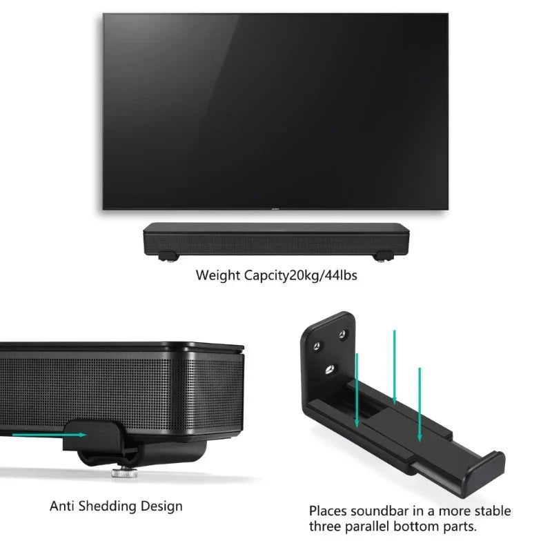 Black sony soundbar with sleek rectangular design and textured grille mounted on sound bar mount wall display shelf holder stand universal