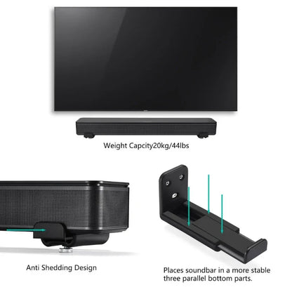 Black sony soundbar with sleek rectangular design and textured grille mounted on sound bar mount wall display shelf holder stand universal