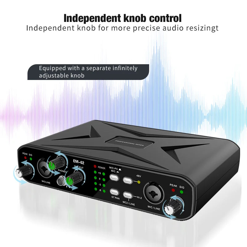 Black em-02 audio mixer usb with independent knobs and mic preamplifier usb audio interface for recording and streaming
