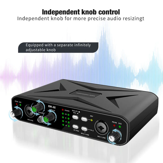 Black em-02 professional audio mixer usb audio interface with mic preamplifier and tsr ts ports for precise sound control