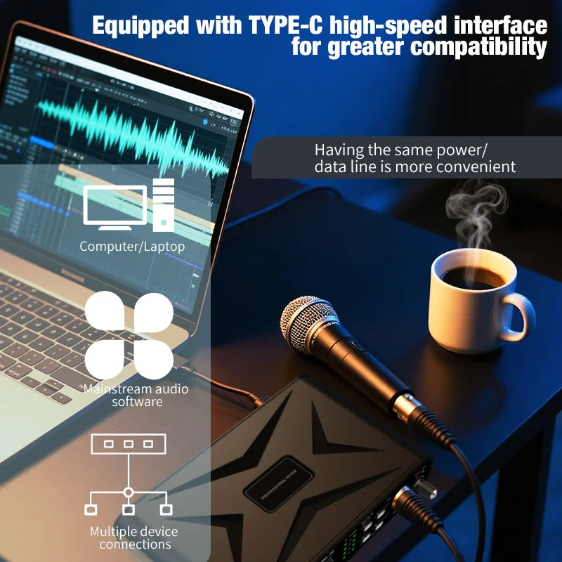 Black usb audio interface with star-shaped design and type-c port featuring mic preamplifier for high-speed audio mixer use