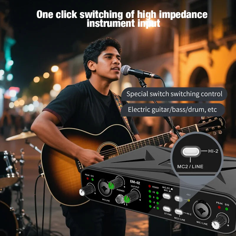 Black em-02 usb audio interface with mic preamplifier and one-click switch for high impedance inputs for recording and streaming