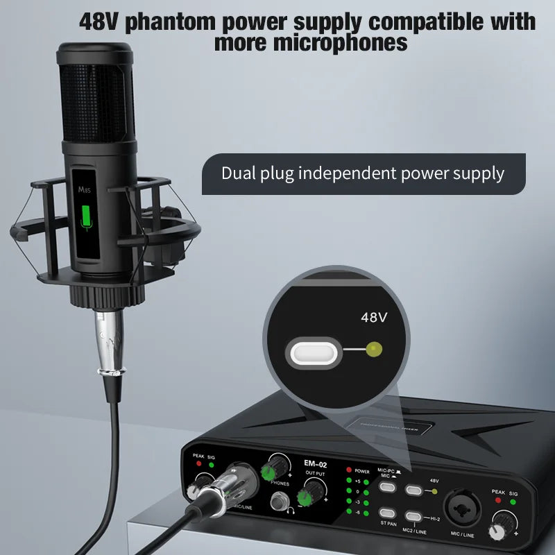 Black mics condenser microphone with metallic grille and shock mount connected to em-02 usb audio interface mic preamplifier