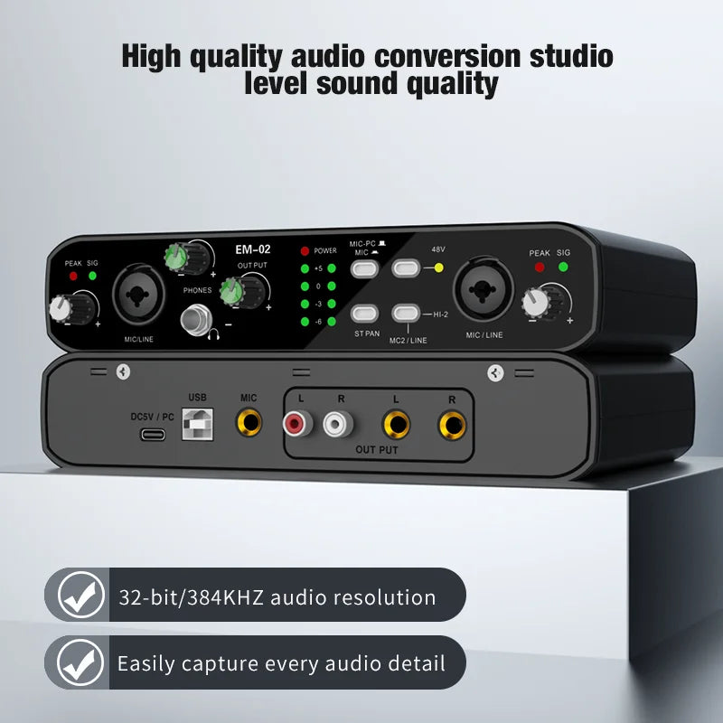 Black em-02 usb audio interface with mic preamplifier green and white knobs gold rca jacks and led indicators