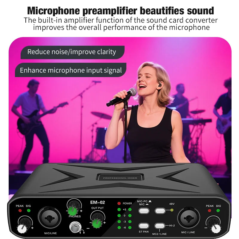 Black em-02 usb audio interface with x-shaped design, mic preamplifier, and multiple tsr ts ports for recording and streaming