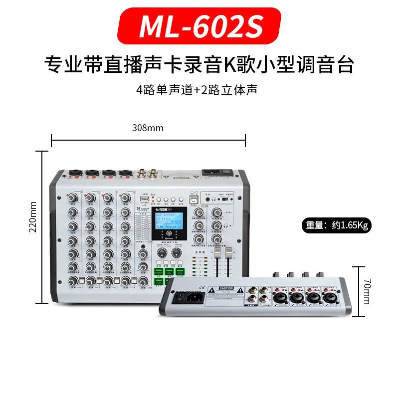 White and black ml-602s professional audio mixing console with 4 mono 2 stereo channels for sound card live mobile phone computer recording bluetooth reverb