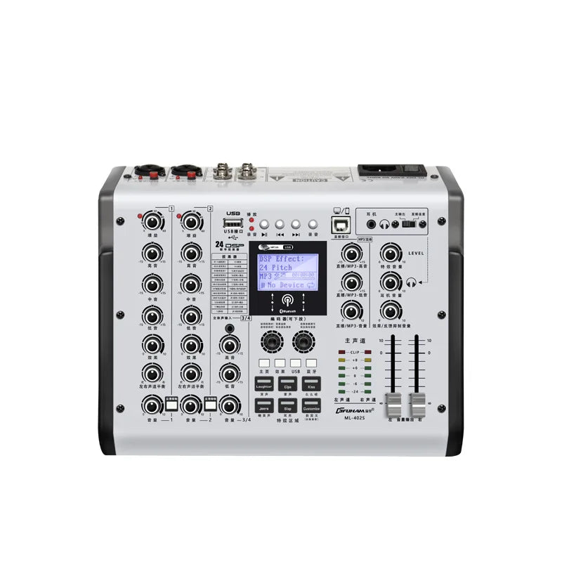 Silver and black sound card live mixer with lcd screen dsp effect 24 pitch for mobile phone computer recording bluetooth reverb