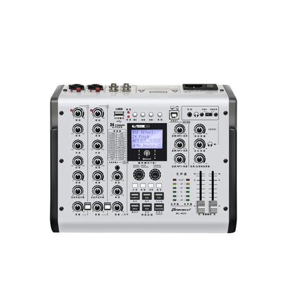Silver and black sound card live mixer with lcd screen bluetooth reverb effect for home karaoke recording and dj use