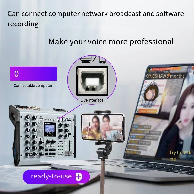 Silver and black sound card live mixer with knobs sliders and digital display for mobile phone computer recording bluetooth reverb