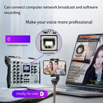 Silver and black sound card live mixer with knobs sliders digital display for home karaoke recording bluetooth reverb effect