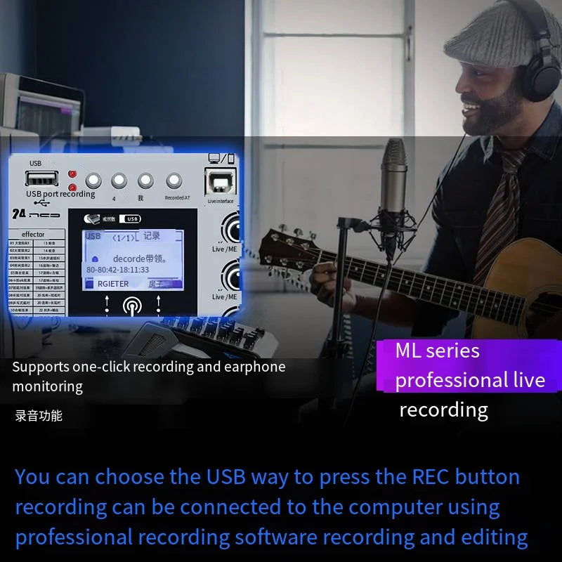 Silver and black usb audio interface sound card live mixer with bluetooth reverb for mobile phone computer recording