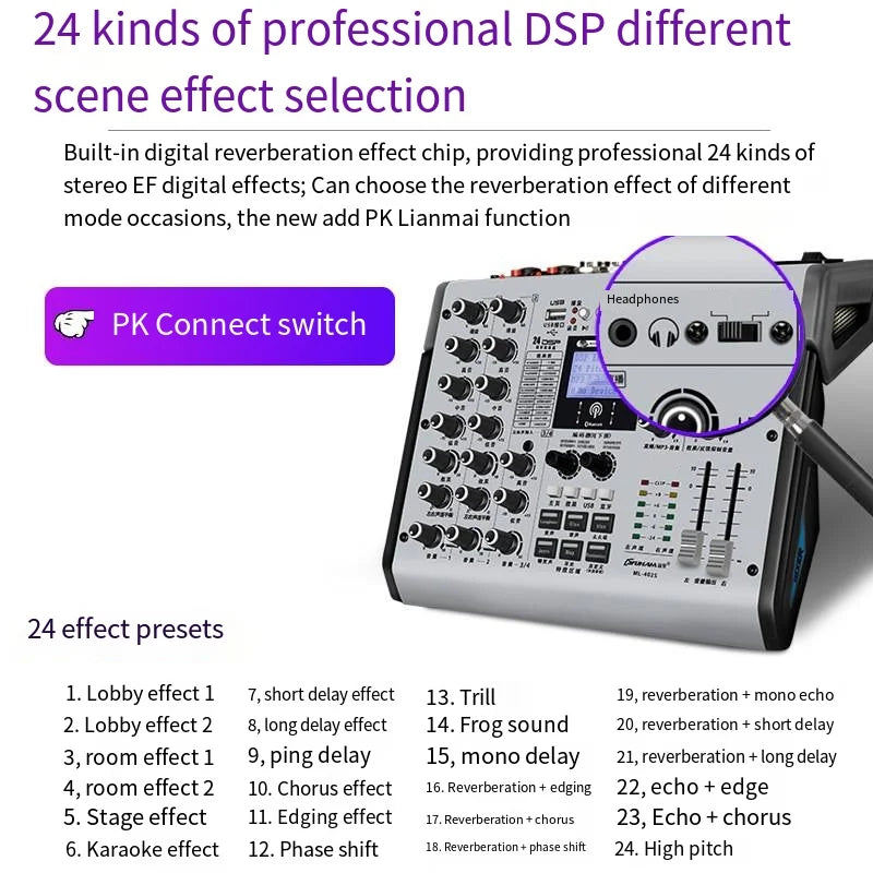 Silver digital audio sound card live mixer with knobs sliders bluetooth reverb effect for home karaoke recording and dj use