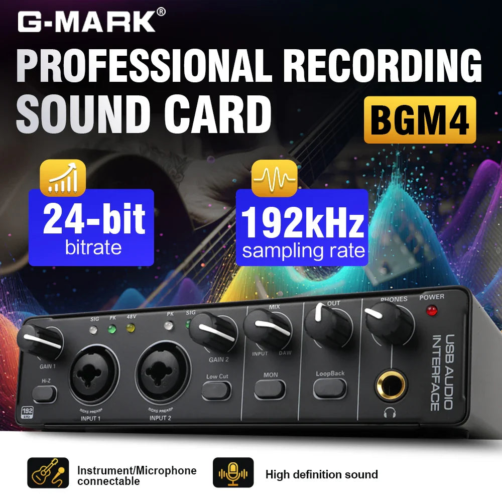 Black g-mark bgm4 professional audio interface with 24-bit 192khz, phantom power, and gainrange -10db to +40db for studio use