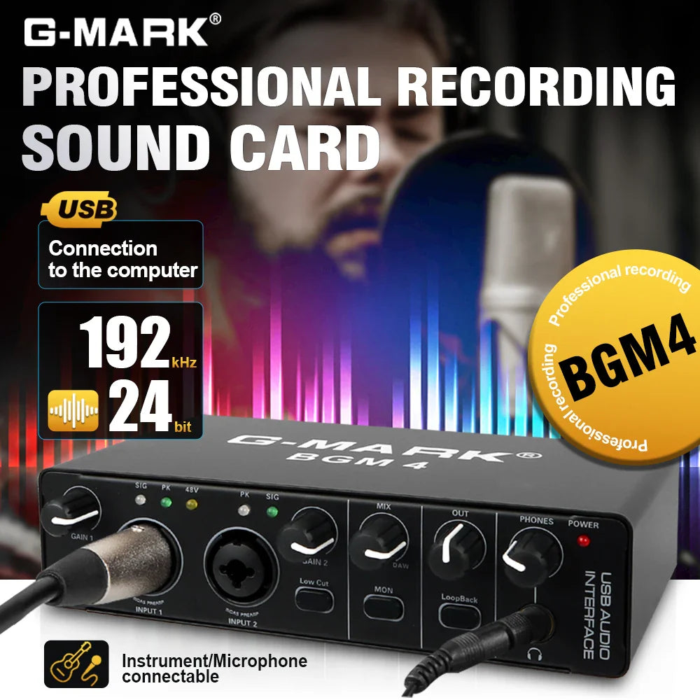 Black g-mark bgm4 professional audio interface sound card with usb, phantom power, and gainrange -10db to +40db for studio use